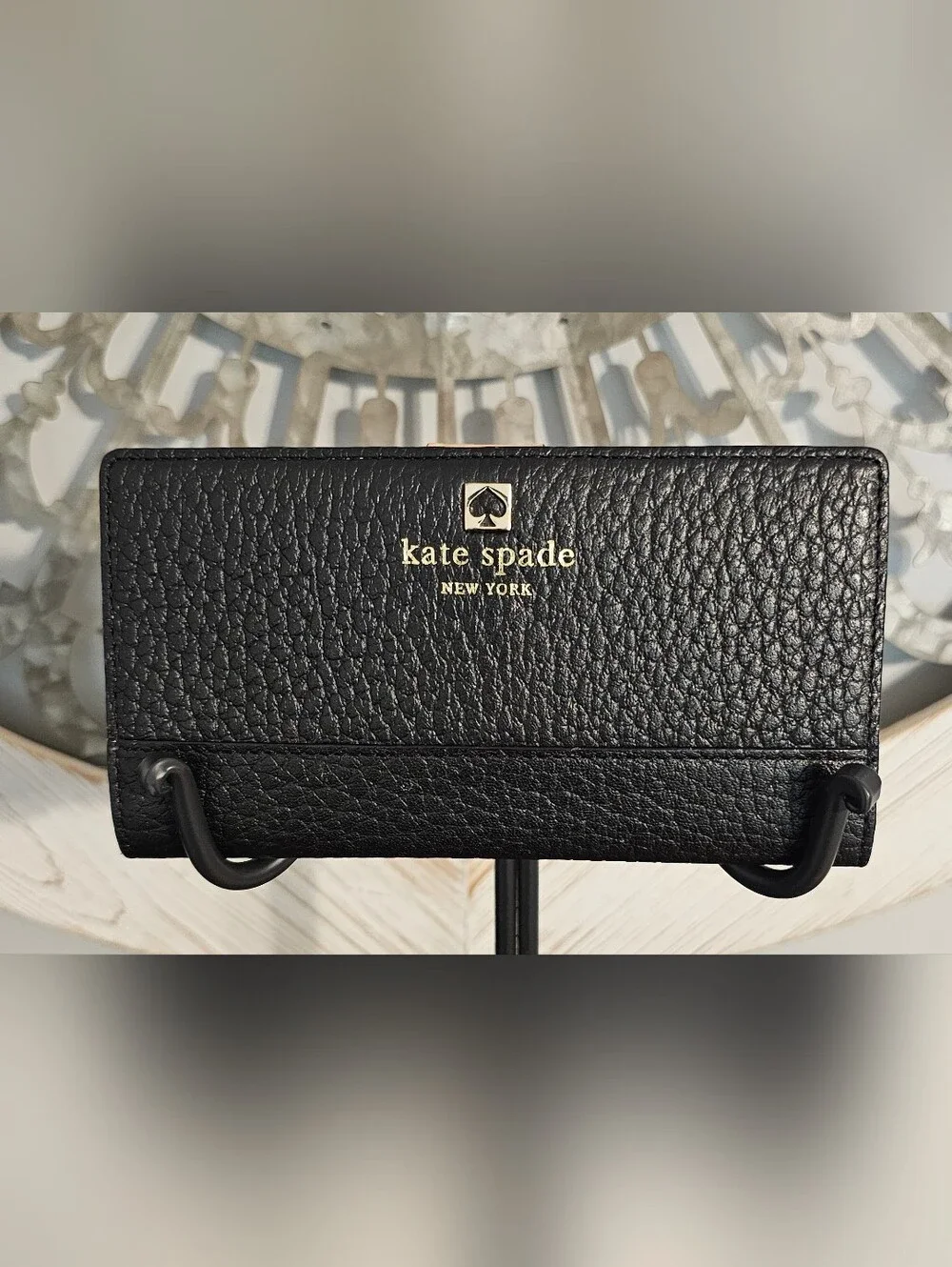 kate spade black pebbled leather continental wallet with gold logo